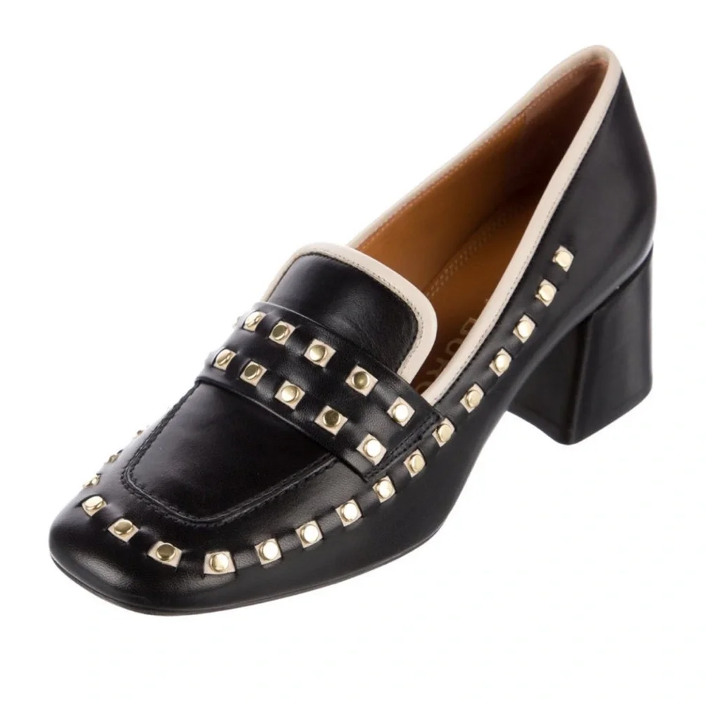 Tory Burch Perfect Black/Dulce De Leche Leather Studded Loafer Heel Size 5 $350 - Picture 1 of 14